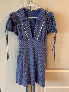 Free People Blue Polka Dot Mini Dress with Puff Sleeves